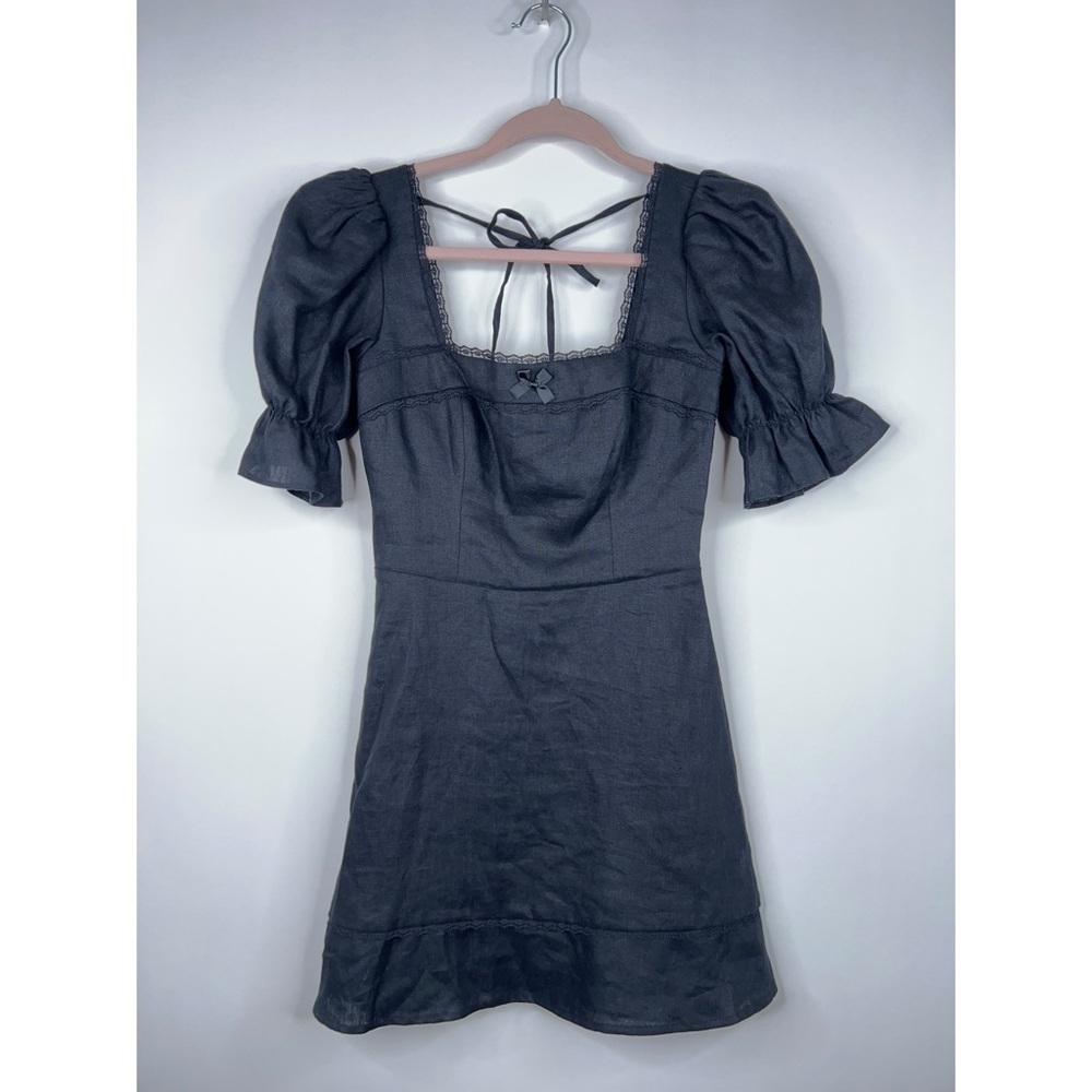 Reformation Evianna Linen Dress Black Square Neck Lace Mini Classic Size 0